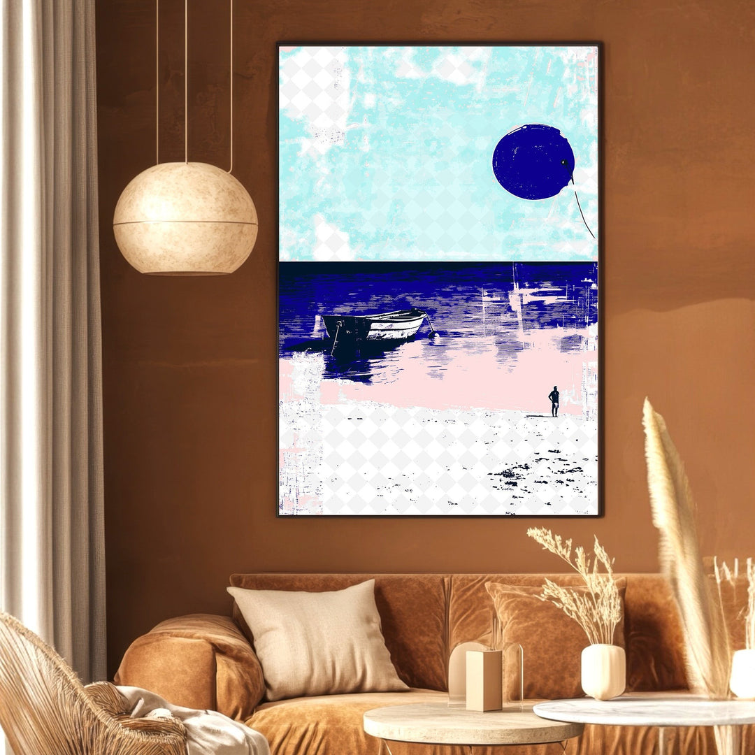 Wadi Home abstract coastal landscape wall art print featuring a boat and figure in navy, sky blue, and blush pink.