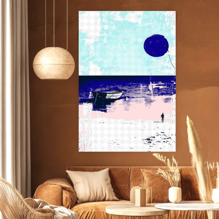 Wadi Home abstract coastal landscape wall art print featuring a boat and figure in navy, sky blue, and blush pink tones.