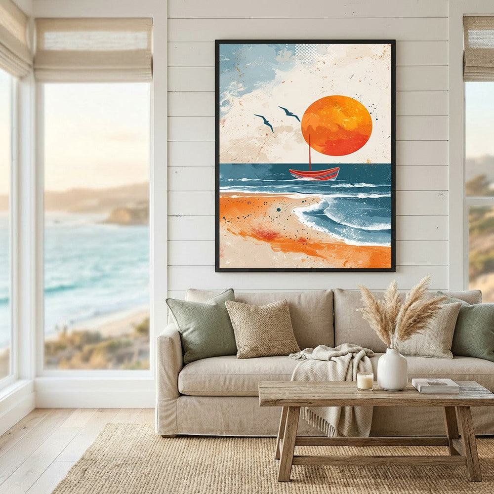 Wadi Home abstract coastal seascape wall art print featuring a red boat and sunset, displayed in a modern living room.