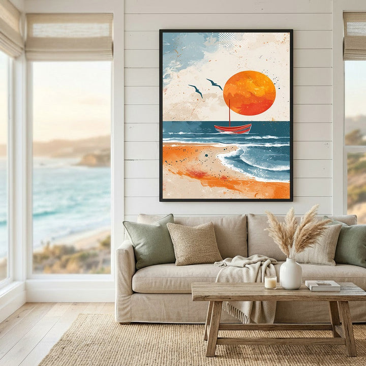 Wadi Home abstract coastal seascape wall art print featuring a red boat and sunset, displayed in a modern living room.