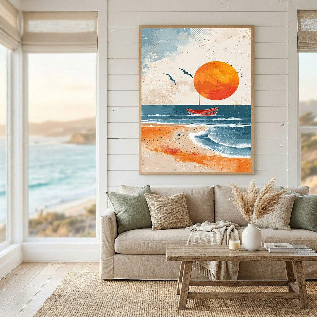 Wadi Home abstract coastal seascape wall art print featuring a red boat and sunset, displayed in a modern living room.