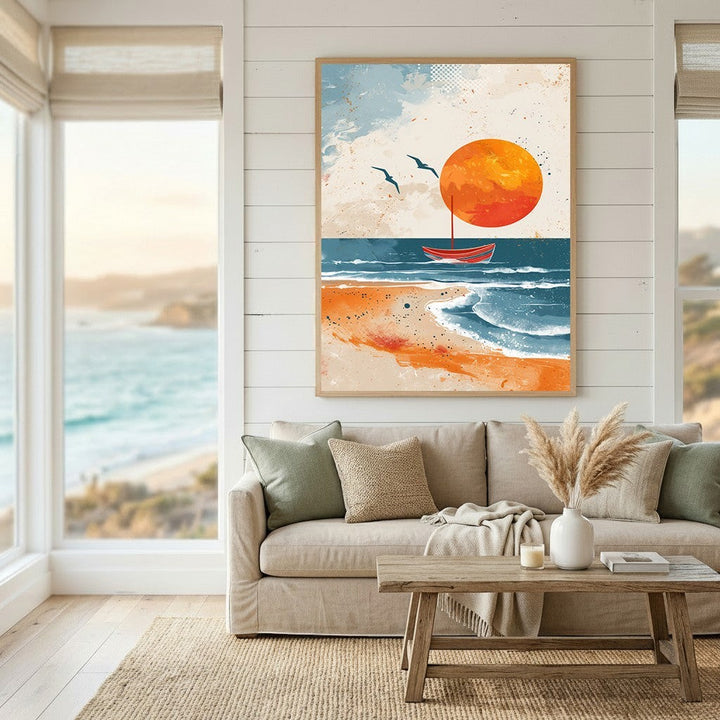 Wadi Home abstract coastal seascape wall art print featuring a red boat and sunset, displayed in a modern living room.