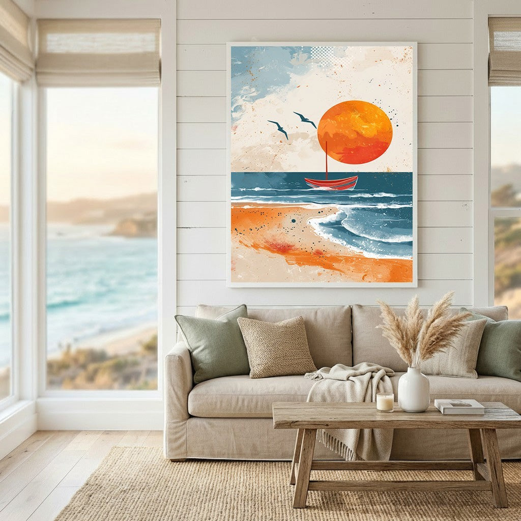 Wadi Home abstract coastal wall art featuring a red boat on a sunset ocean, displayed above a beige living room sofa.