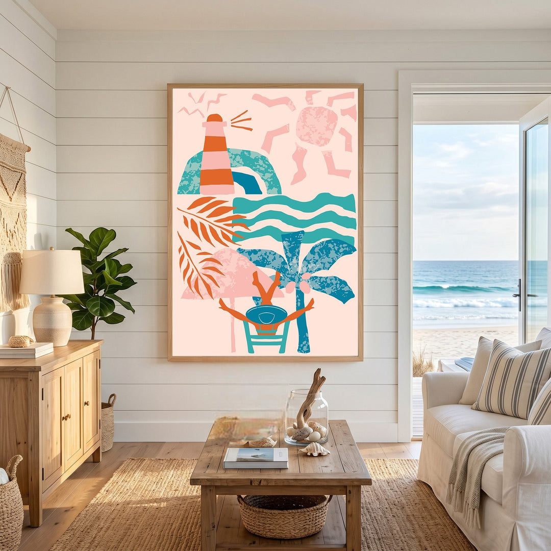 Wadi Home abstract coastal wall art print featuring a lighthouse and palm trees in pink, teal, and orange tones.