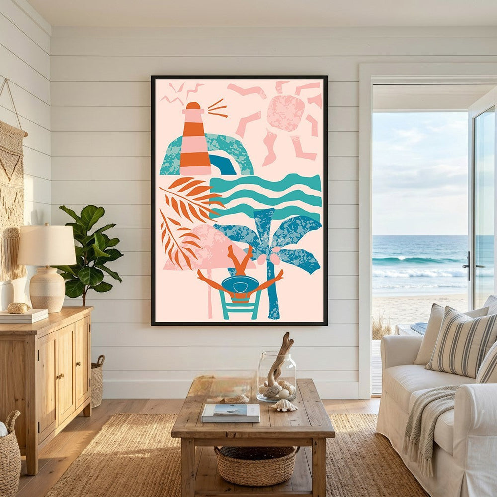 Wadi Home abstract coastal wall art print featuring a lighthouse and palm trees in pink, teal, and orange tones.