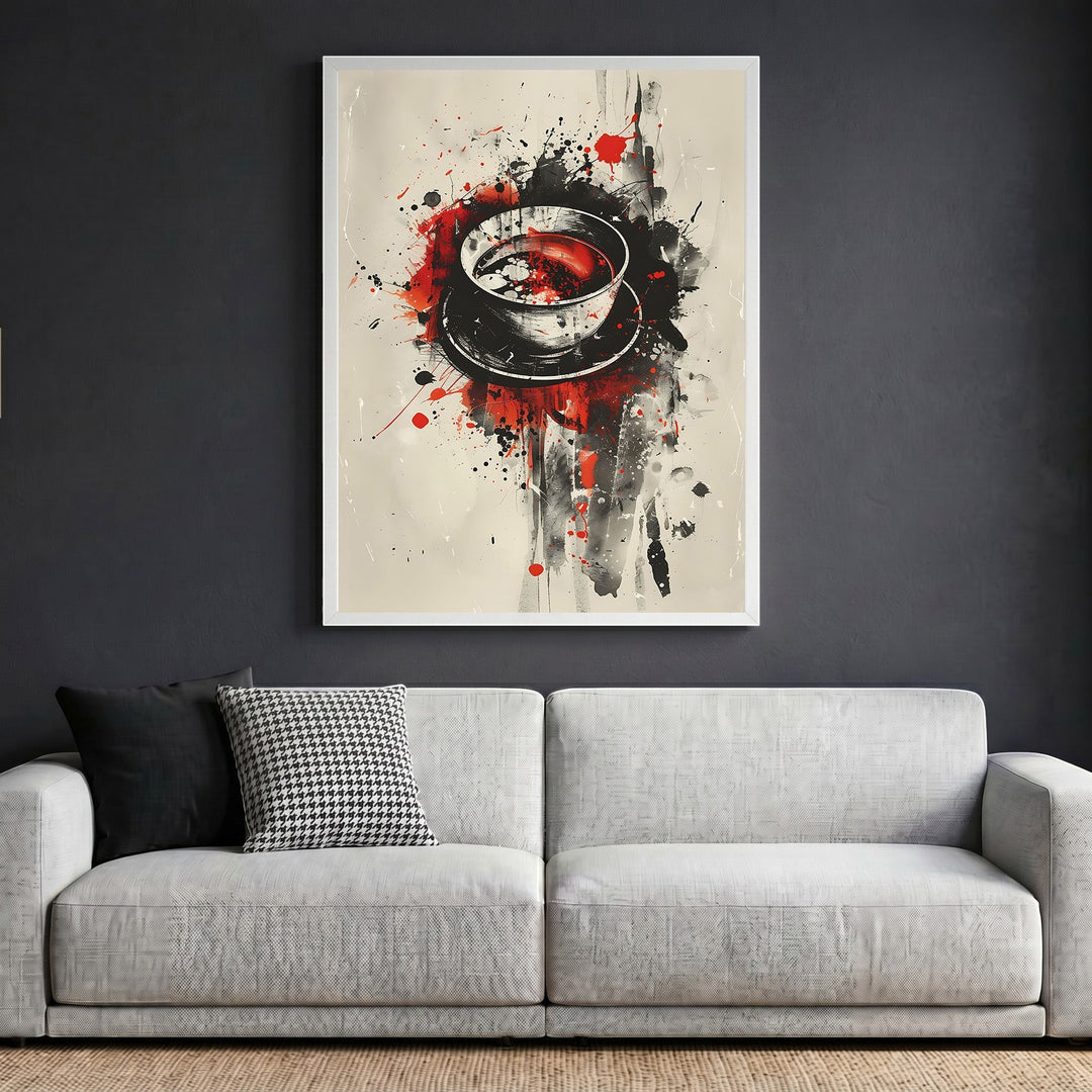 Wadi Home abstract coffee cup wall art print with black, red, and cream splatter paint design in a white frame.