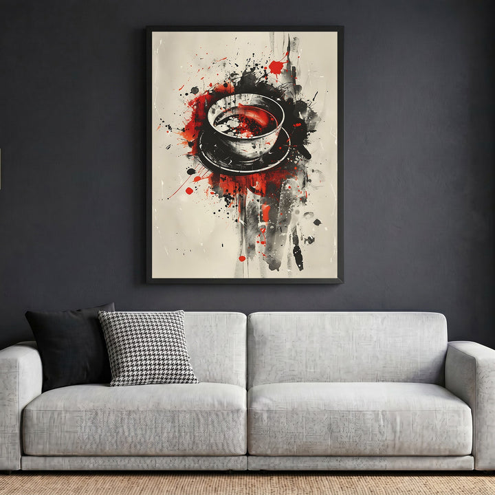 Wadi Home abstract coffee cup wall art print with black, red, and cream splatter paint design in a sleek black frame.