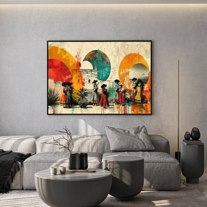 Wadi Home abstract cultural heritage wall art print featuring geometric circles and figures in a modern living room.