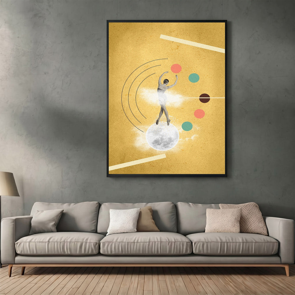 Wadi Home abstract surrealist dancer wall art print featuring a dancer on a moon against a golden yellow background.