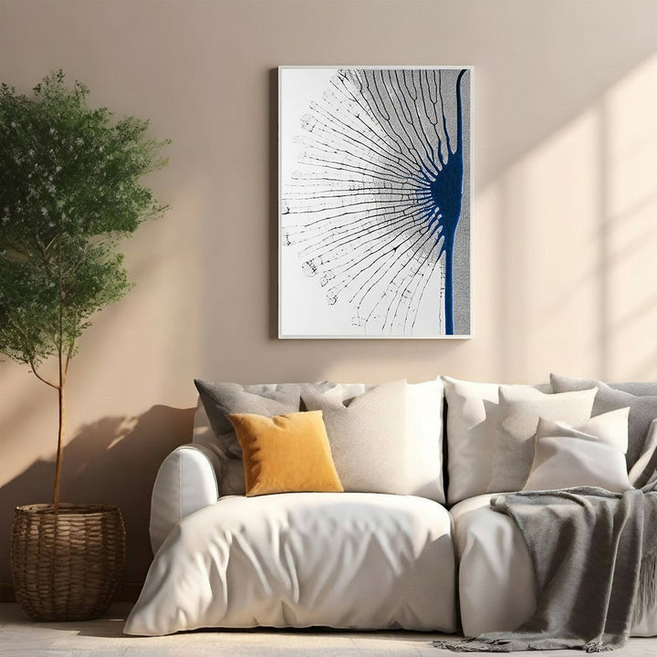 Wadi Home Abstract Dandelion Artwork in black, white, and blue. Delicate seed head design with modern elegance.