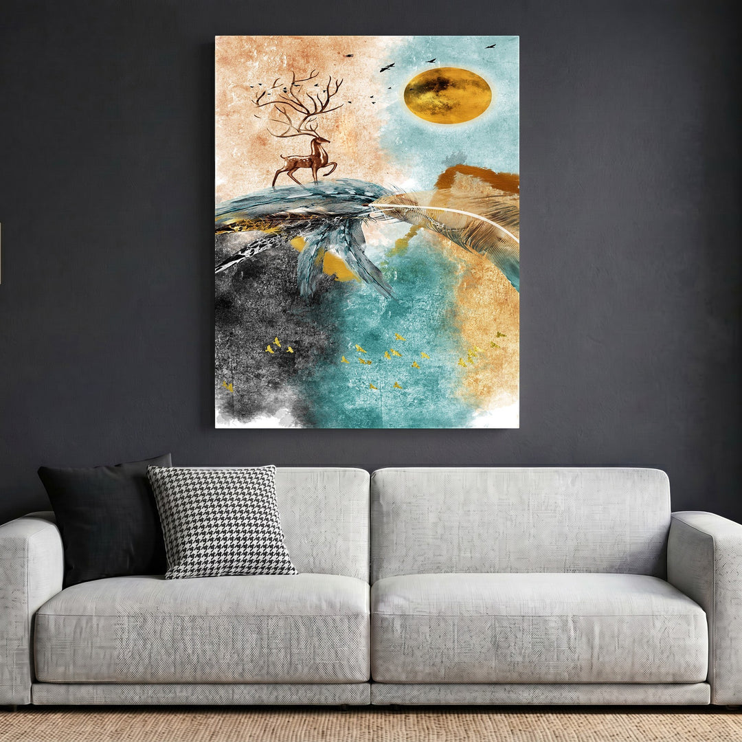 Wadi Home abstract deer framed wall art featuring teal, copper, and gold tones hanging above a modern grey sofa.