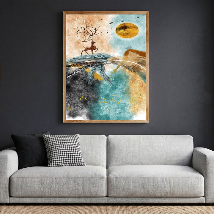 Wadi Home abstract deer wall art with teal and copper tones in a minimalist wooden frame above a modern grey sofa.