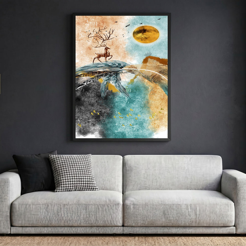 Wadi Home abstract deer framed wall art featuring teal, copper, and gold tones hanging above a modern grey sofa.