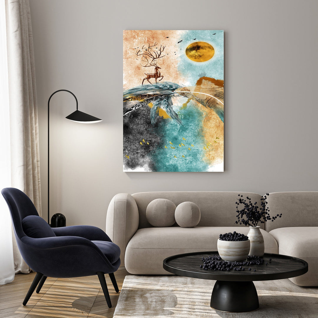Wadi Home abstract wall art with a deer on a mountain peak, featuring teal, gold, and earthy tones.
