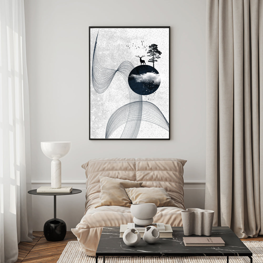 Wadi Home abstract landscape art with deer, tree, and celestial sphere. Minimalist design with muted colors.