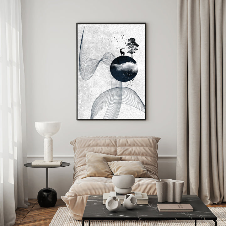 Wadi Home abstract landscape art with deer, tree, and celestial sphere. Minimalist design with muted colors.
