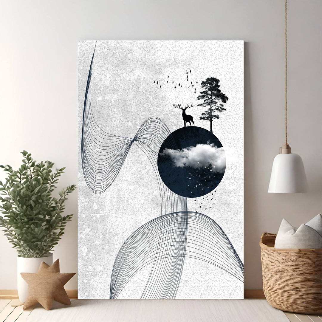 Wadi Home abstract deer and tree wall art with minimalist blue lines and a serene woodland scene on textured grey background.