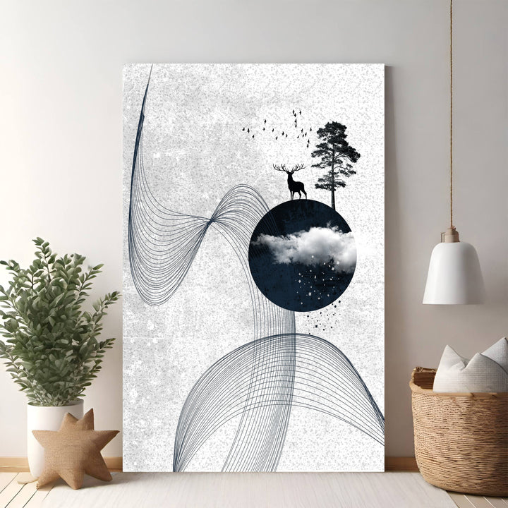 Wadi Home abstract deer and tree wall art with minimalist blue lines and a serene woodland scene on textured grey background.