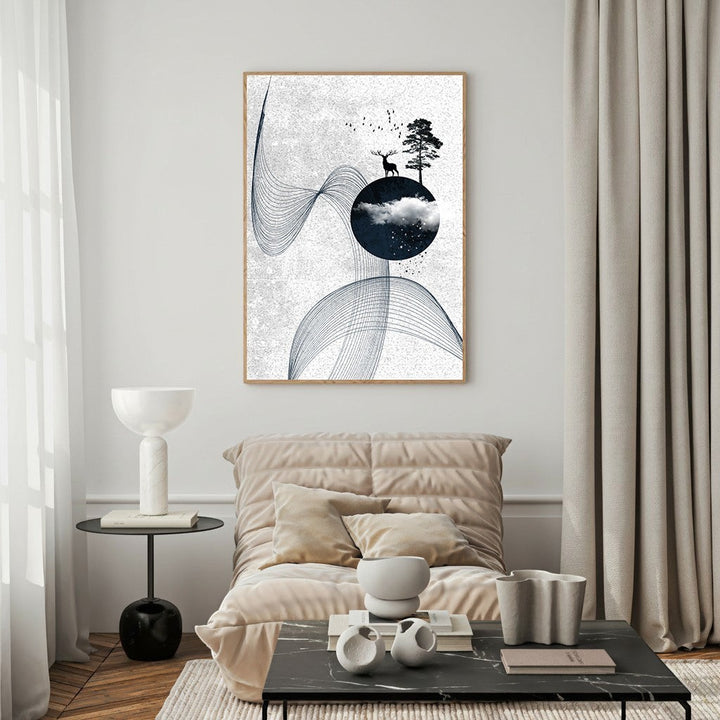 Wadi Home abstract landscape wall art with deer, tree, and celestial sphere. Minimalist design with muted colors.