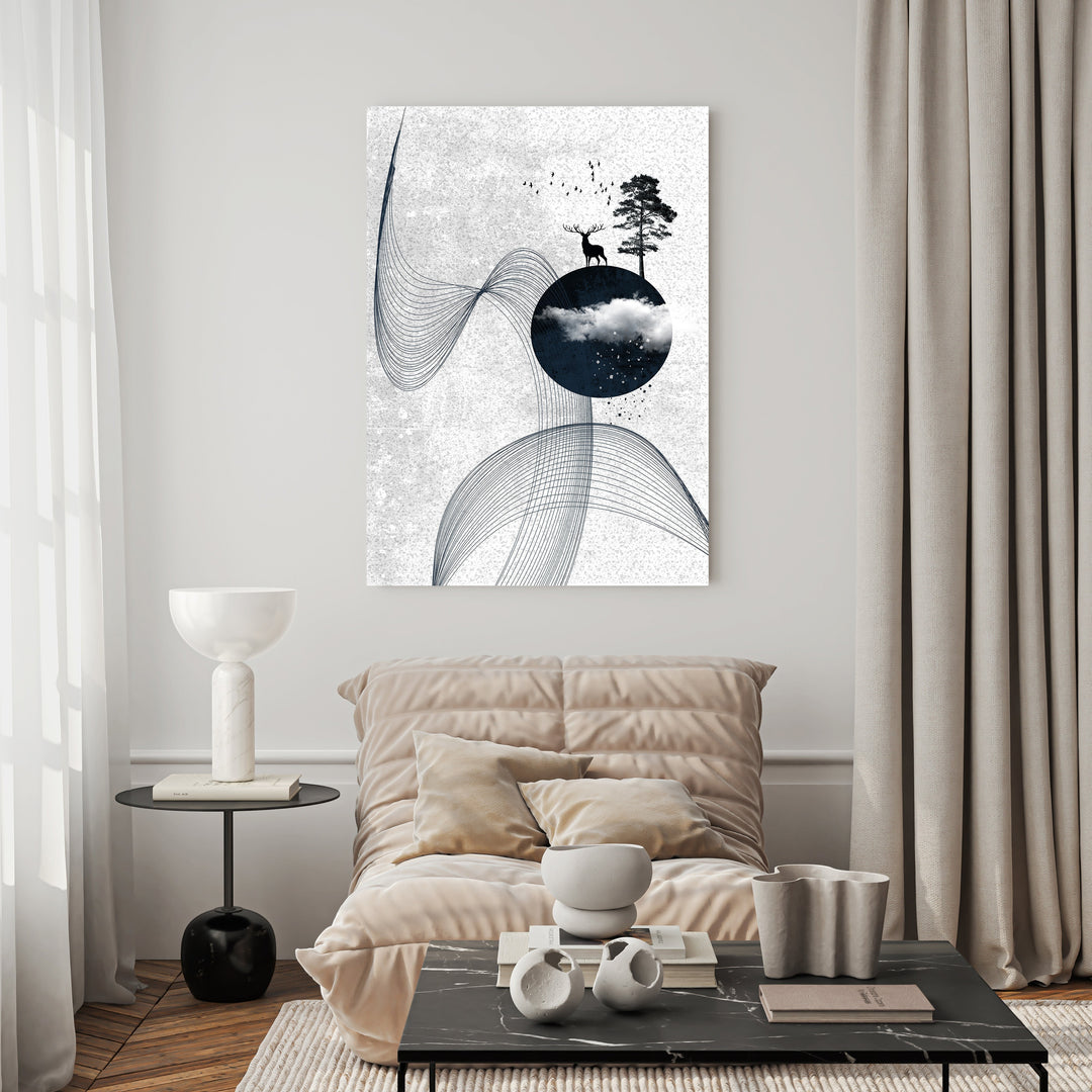 Wadi Home abstract landscape wall art with deer, tree, and celestial sphere. Minimalist design with muted colors.