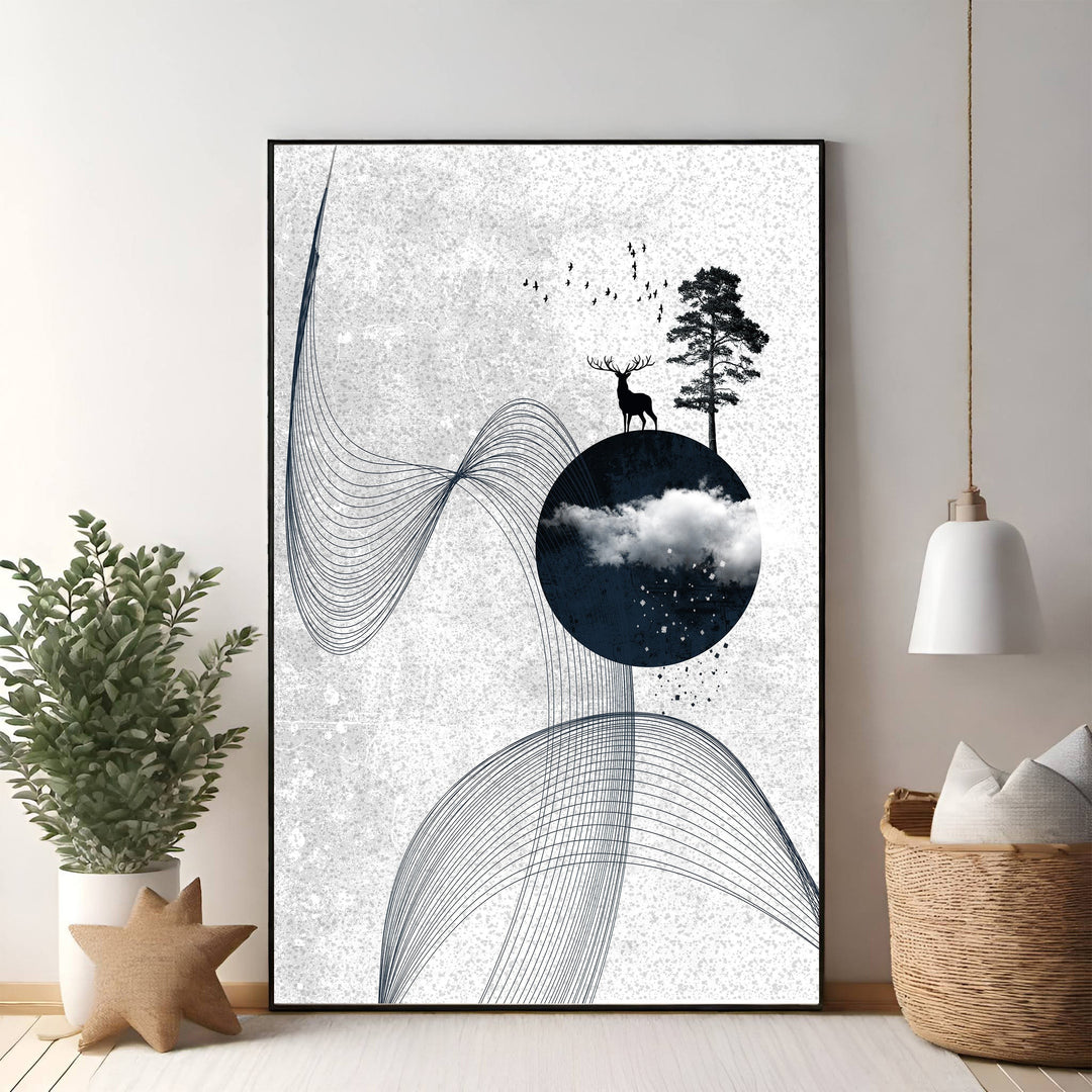 Wadi Home abstract deer and tree wall art, minimalist design with flowing blue lines and a serene woodland scene in monochromatic palette.