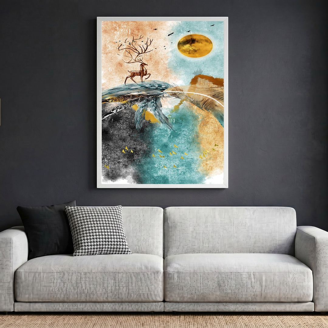 Wadi Home abstract deer wall art in a white frame hanging above a modern grey sofa with teal and copper tones.