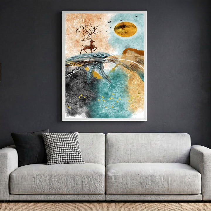 Wadi Home abstract deer wall art in a white frame hanging above a modern grey sofa with teal and copper tones.