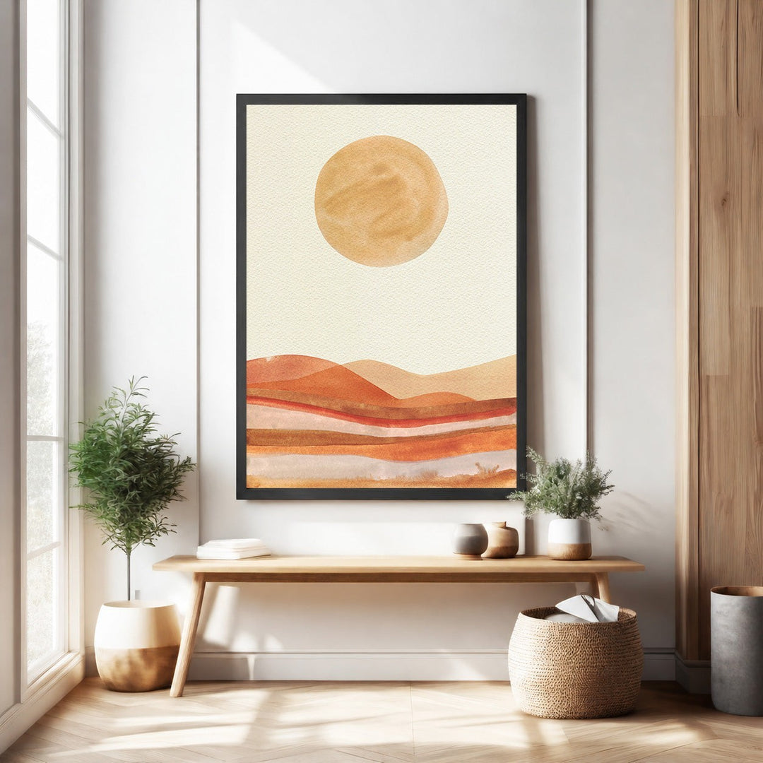 Wadi Home abstract desert landscape art with warm earthy tones and minimalist design. Features rolling dunes and a sun.