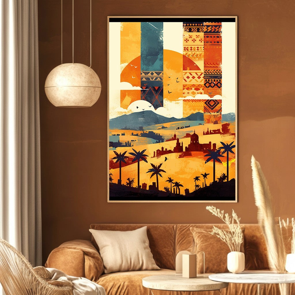 Wadi Home abstract desert landscape wall art print featuring terracotta, ochre, and blue tones with palm silhouettes.