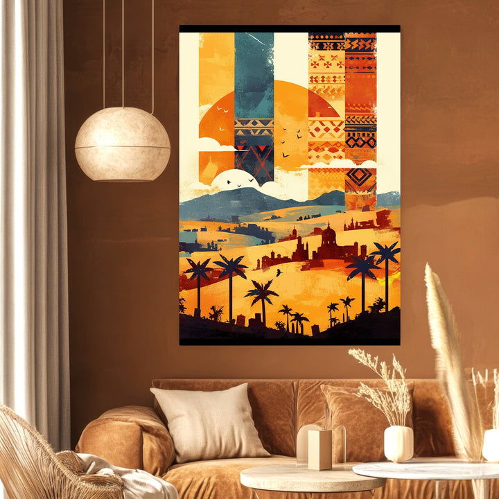 Wadi Home abstract desert landscape wall art print with terracotta, ochre, and blue tones in a modern living room.