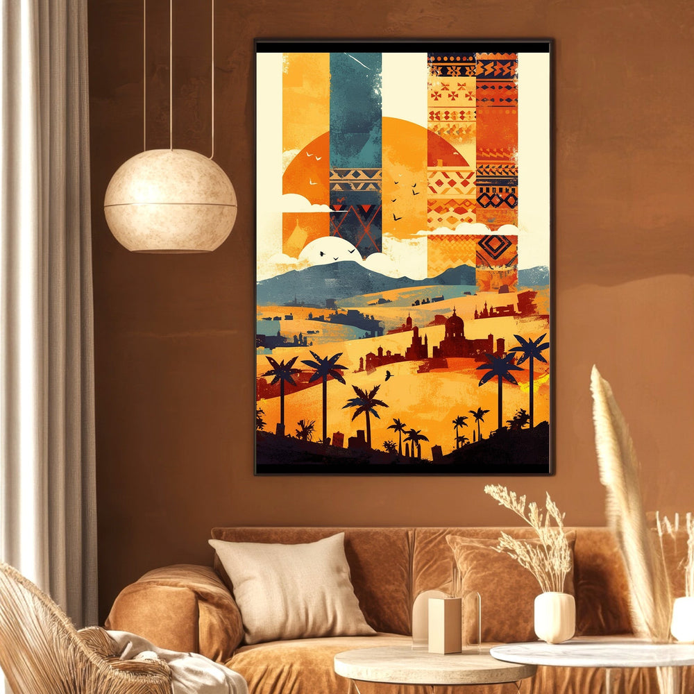 Wadi Home abstract desert landscape wall art print with terracotta, ochre, and blue tones in a modern living room.