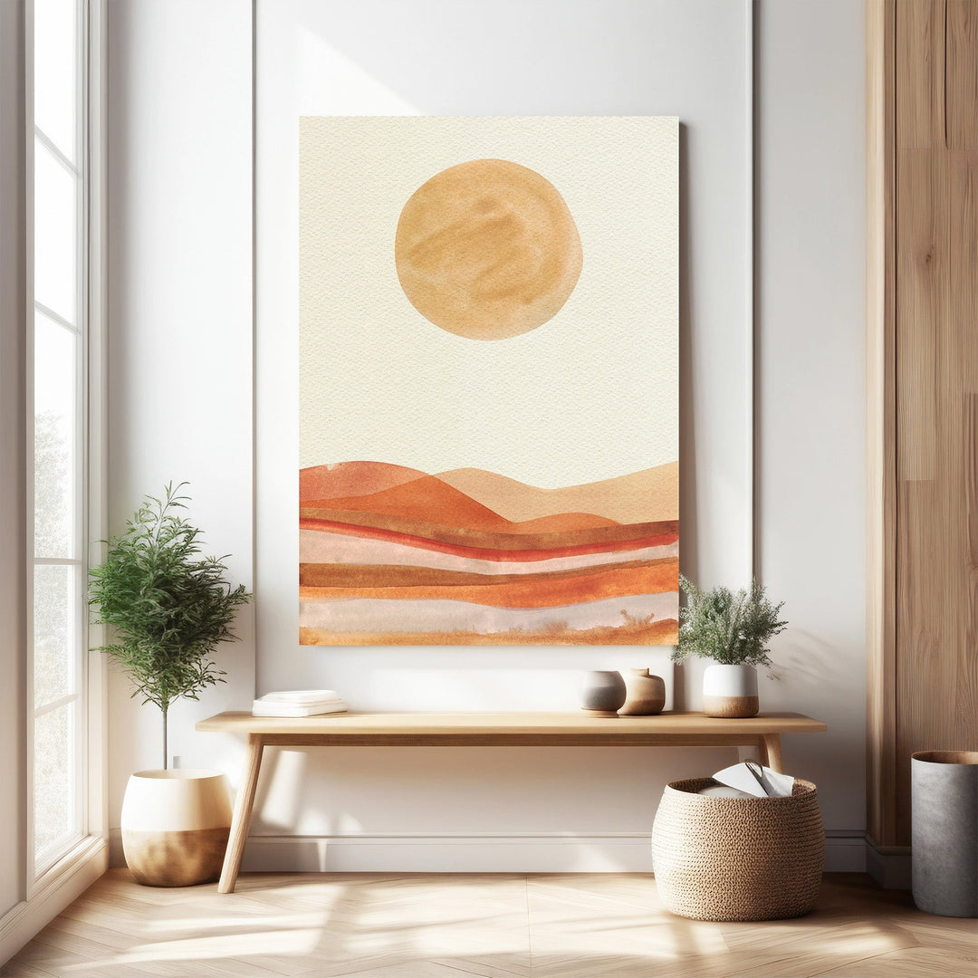 Wadi Home abstract desert landscape wall art with warm earthy tones and minimalist design, featuring rolling dunes and a sun.