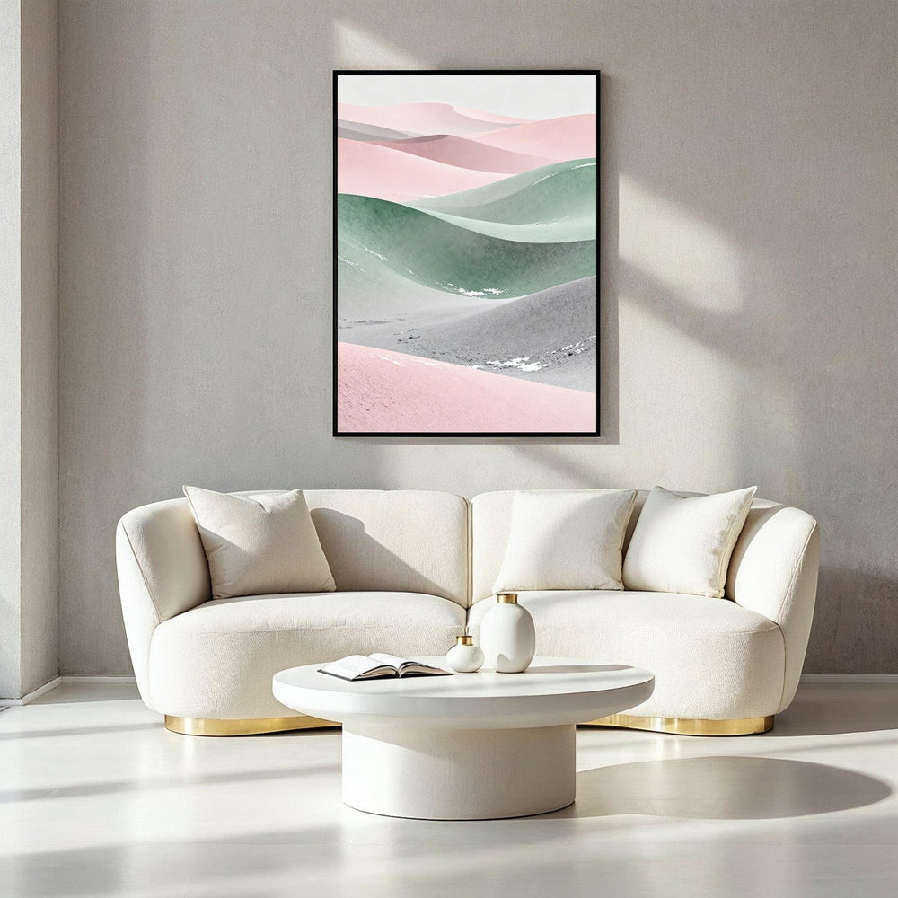Wadi Home abstract desert landscape wall art with pink, green, and grey dunes. Modern art for living rooms.