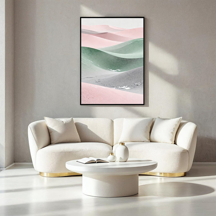 Wadi Home abstract desert landscape wall art with pink, green, and grey dunes. Modern art for living rooms.