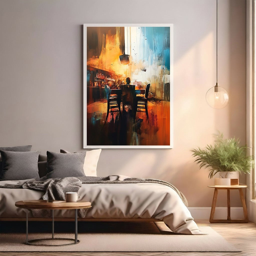 Wadi Home abstract wall art with figures at a dining table, featuring warm oranges and deep blues with painterly texture.