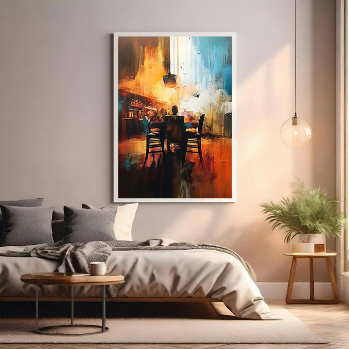 Wadi Home abstract wall art with figures at a dining table, featuring warm oranges and deep blues with painterly texture.