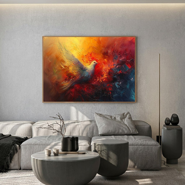 Wadi Home abstract dove canvas print with fiery orange and red textured brushstrokes hanging in a modern living room.
