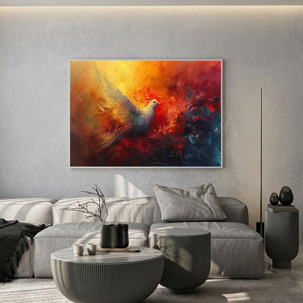 Wadi Home abstract dove canvas print with fiery orange and red textured brushstrokes hanging in a modern living room.