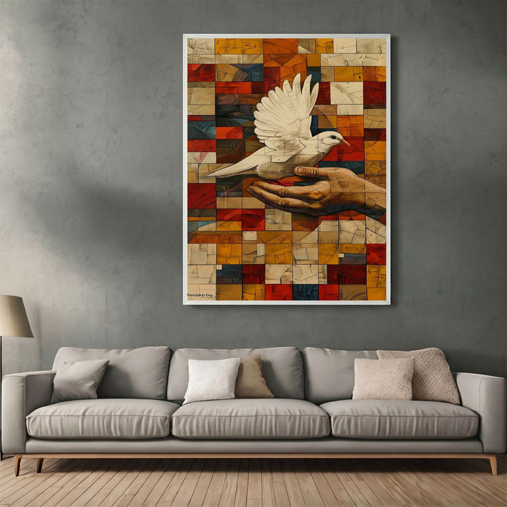 Wadi Home abstract dove wall art print featuring a white bird on a hand over a geometric mosaic of warm orange and red.