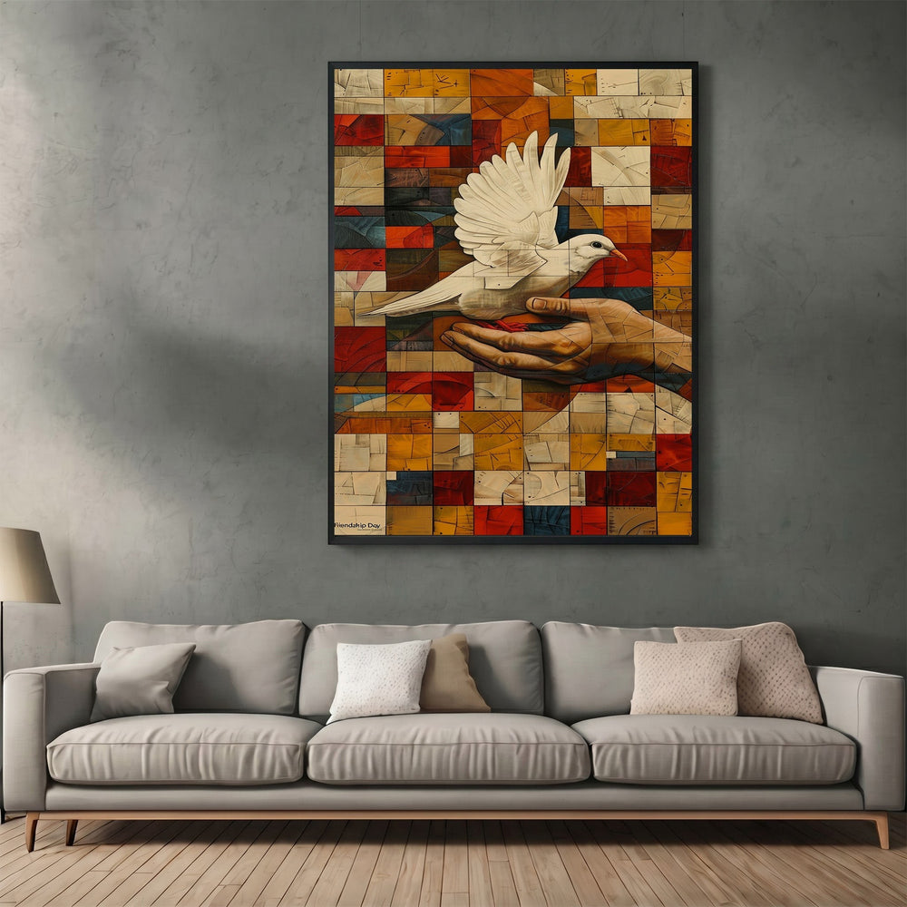 Wadi Home abstract dove wall art print featuring a white bird on a hand against a geometric orange and red mosaic.