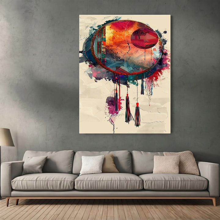 Wadi Home abstract dreamcatcher wall art print with vibrant red, orange, and gold watercolor textures above a sofa.