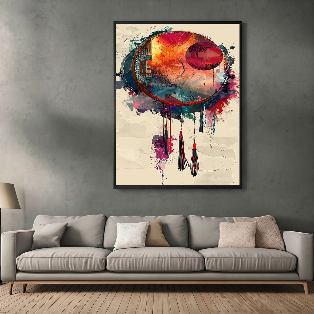 Wadi Home abstract dreamcatcher wall art print with vibrant sunset hues and watercolor textures in a modern living room.
