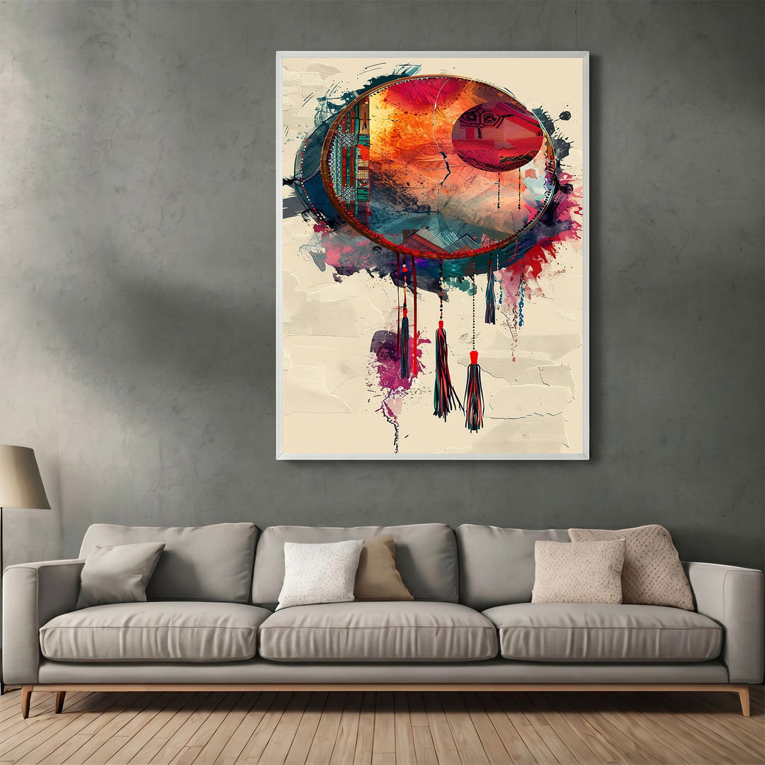 Wadi Home abstract dreamcatcher wall art print with vibrant red and orange watercolor textures in a modern living room
