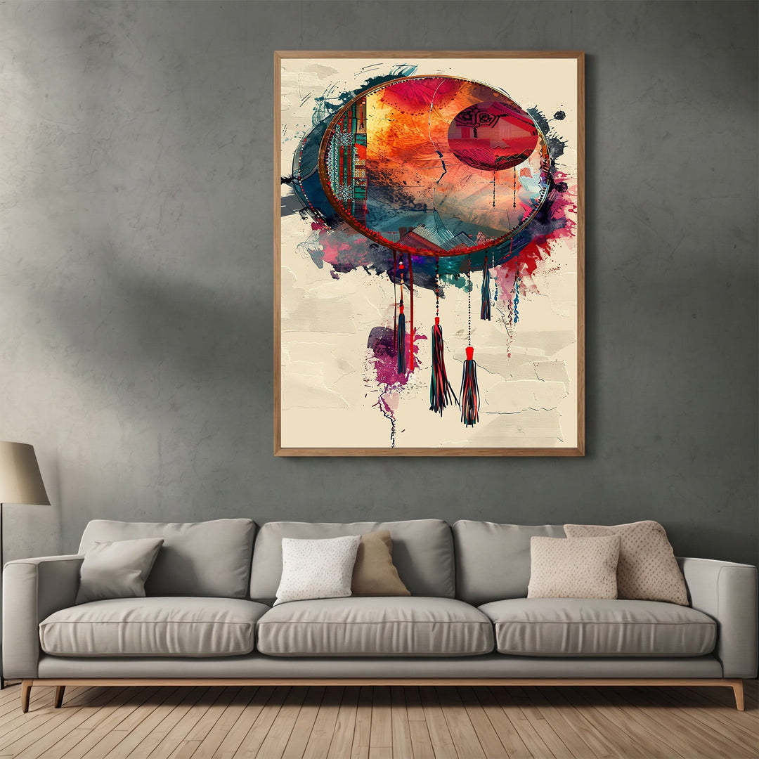 Wadi Home abstract dreamcatcher wall art print with vibrant red and gold watercolor textures in a wooden frame.