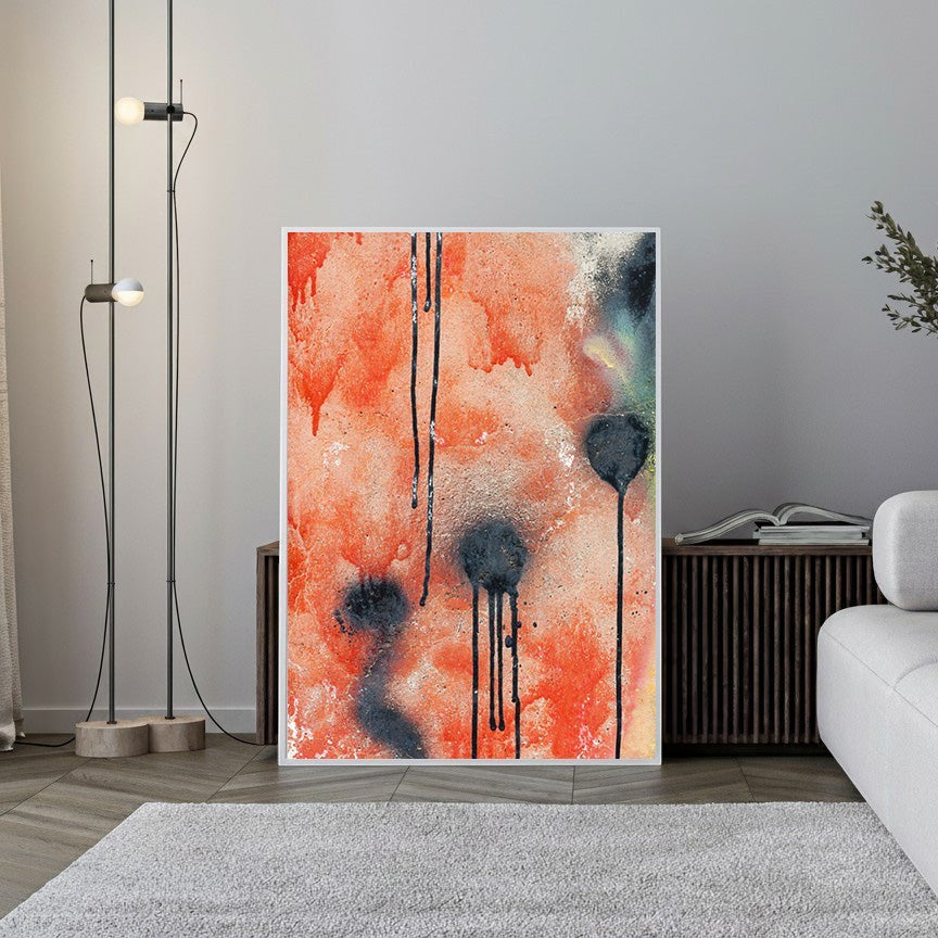 Wadi Home abstract drip painting wall art with coral background and black drips. Modern canvas print.