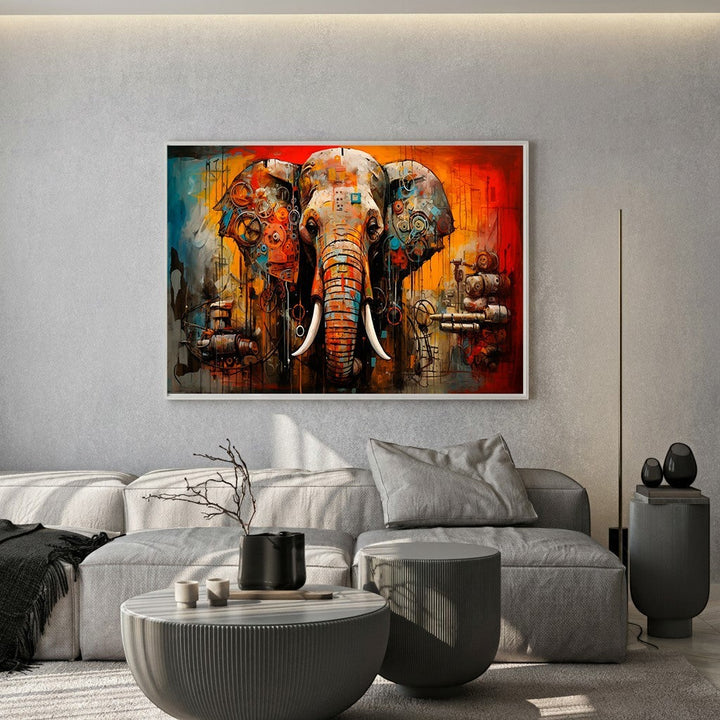 Wadi Home abstract elephant canvas print with mechanical details in orange, red, and teal, displayed in a living room.
