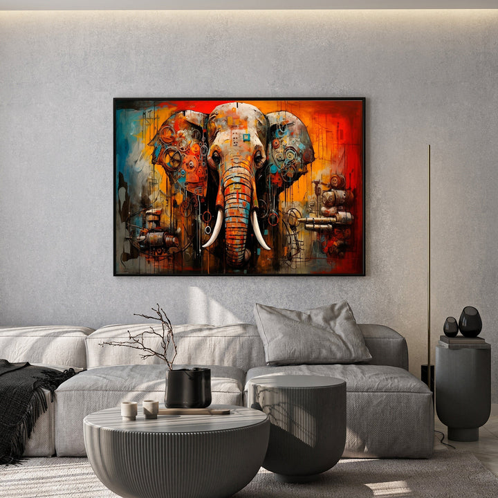Wadi Home abstract elephant canvas print with mechanical details in orange, red, and teal, displayed in a modern living room.