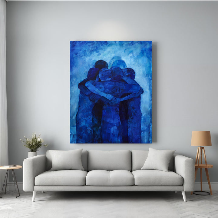 Wadi Home Abstract Embrace wall art, deep blue figures in a tender embrace, textured brushstrokes, modern abstract art.