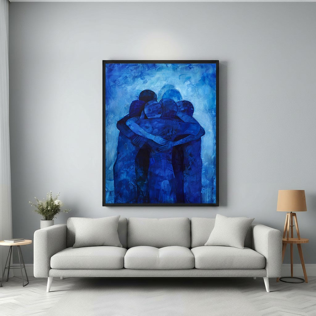 Wadi Home abstract wall art featuring figures in a deep blue embrace, textured brushstrokes, modern art.