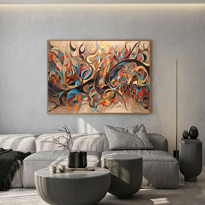 Wadi Home abstract expressionist canvas print with fluid lines and earth tones hanging above a modern grey sofa.
